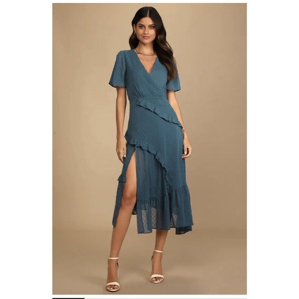 NWT Lulus Next to You Slate Blue Swiss Dot Ruffled Midi Dress Wedding Guest XS